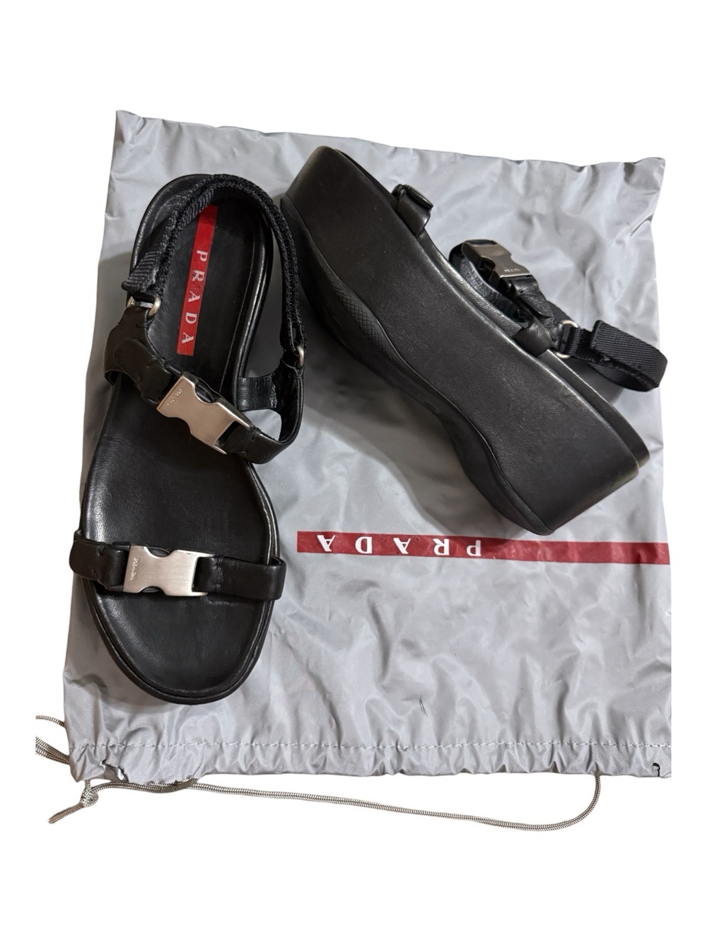 Auth Rare PRADA Black Leather Platform Y2K Sandals with Silver Buckles 37 7 7.5